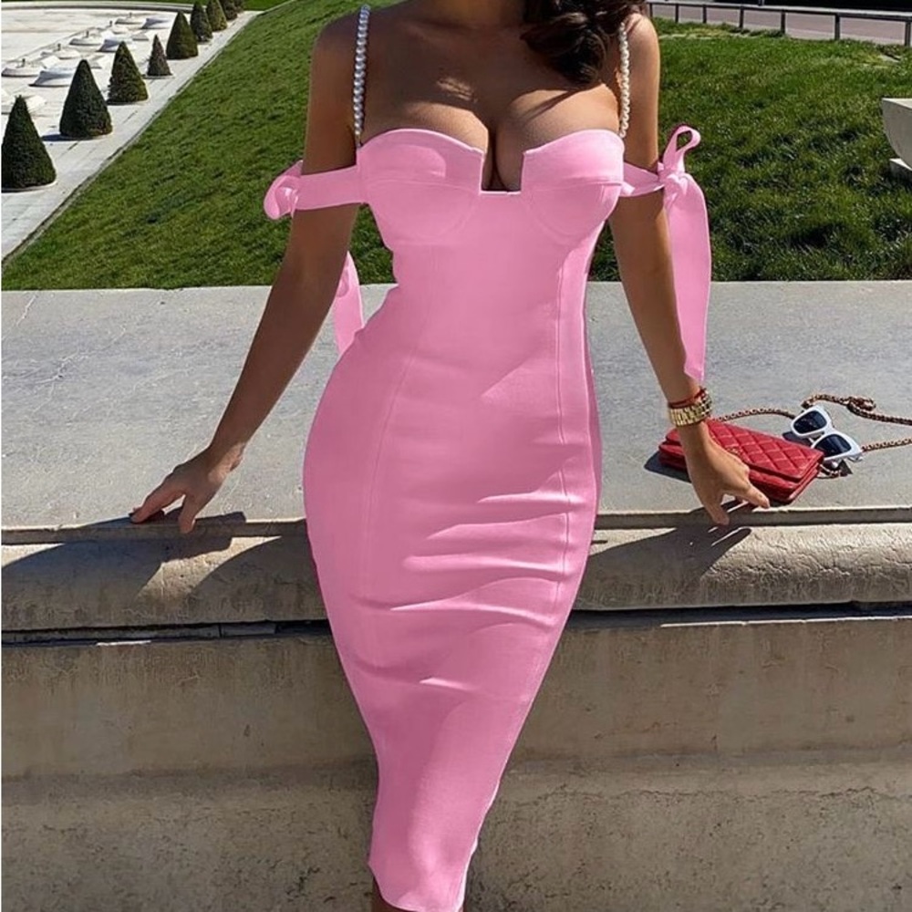 Pearl Strap Bardot Bustier Midi Dress